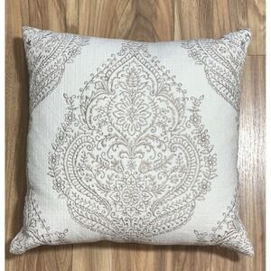 Ivory Beige Embroidered Paisley Medallion Throw Pillow 16" Cotton Duck Feather